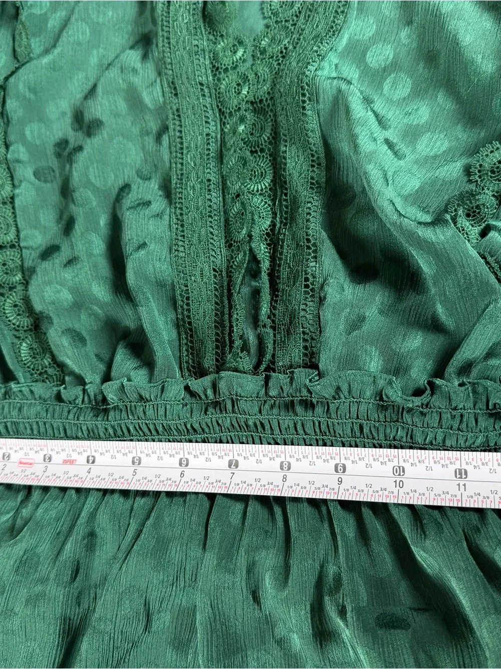 Max Studio Emerald Sheer Lace Satin Polka Dot Tiered Maxi Dress Forest Goddess - Picture 13 of 16